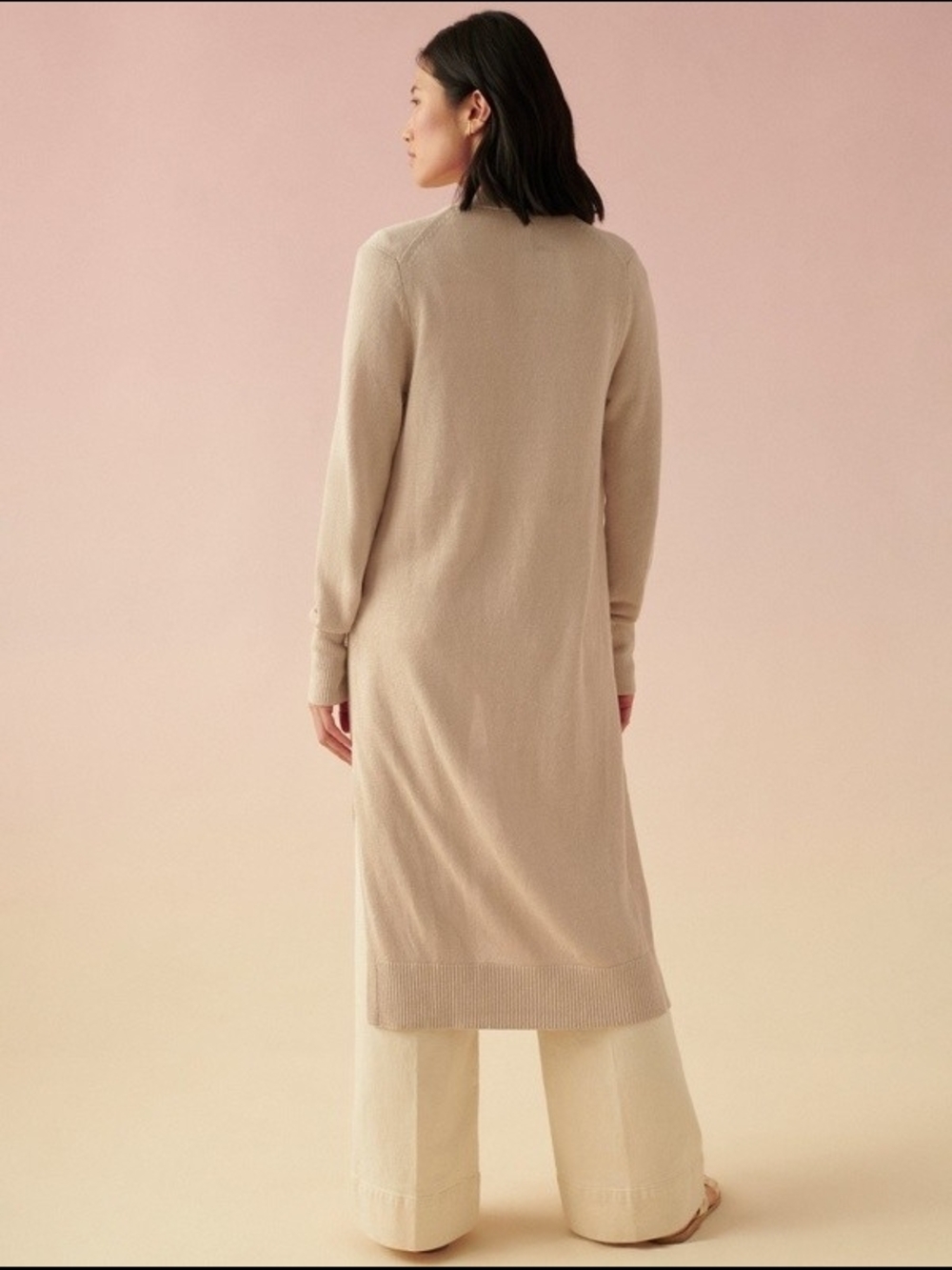 White + Warren Off-White Linen Cotton Long Open Front Duster Cardigan — image 5 of 8